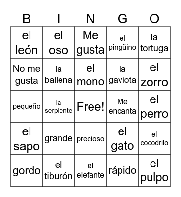 Grade 2: Los Animales Bingo Card