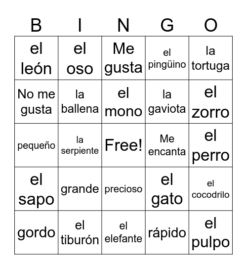 Grade 2: Los Animales Bingo Card
