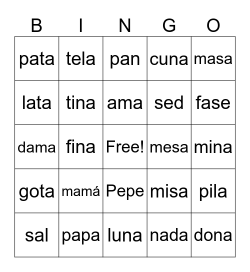 Silabas Bingo Card