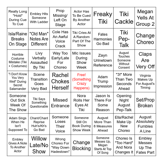 Tech/Production Week Bingo Card