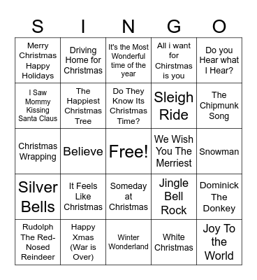 Holiday Singo Speed Round Bingo Card