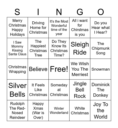 Holiday Singo Speed Round Bingo Card