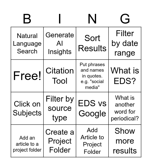 Sports Lit - Ebsco Discovery Service Bingo Card