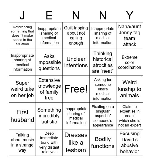Aunt Jenny Bingo Card