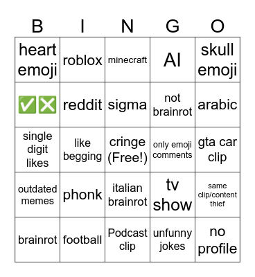 youtube shorts Bingo Card