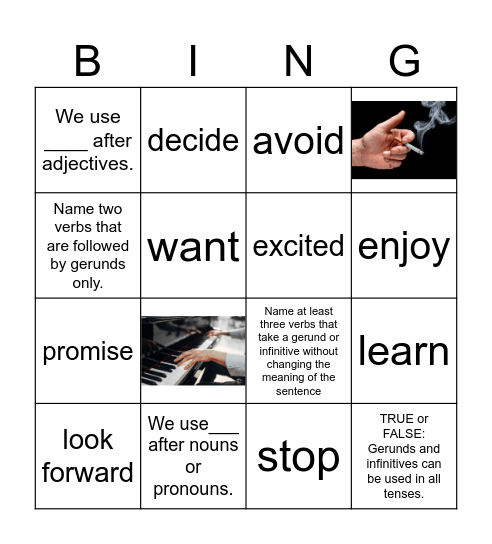 Gerunds and Infinitives Bingo Card