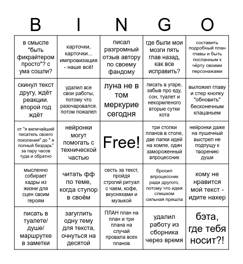 бинго фикрайтера Bingo Card