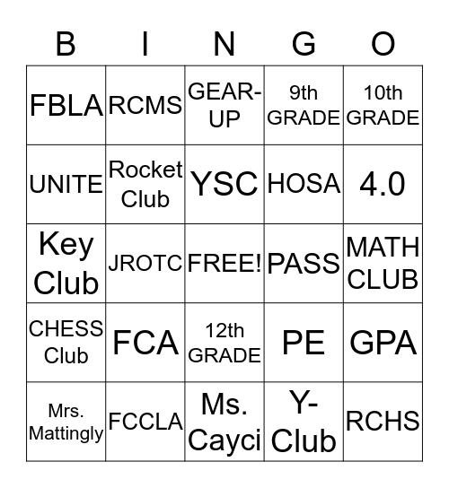 High School  Bingo Card