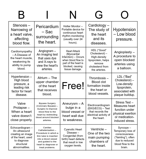 Key Heart and Cardio-related Medical Terms Bingo Card