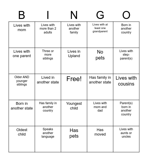 Family Make Up Bingo Card