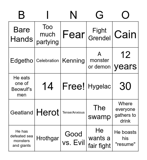 Beowulf Bingo Card