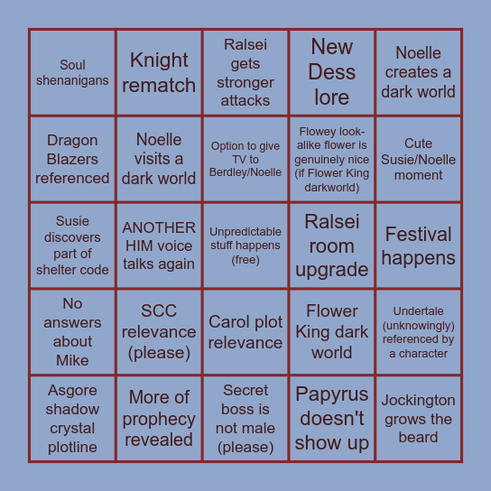 Deltarune Chapter 5 Bingo Card