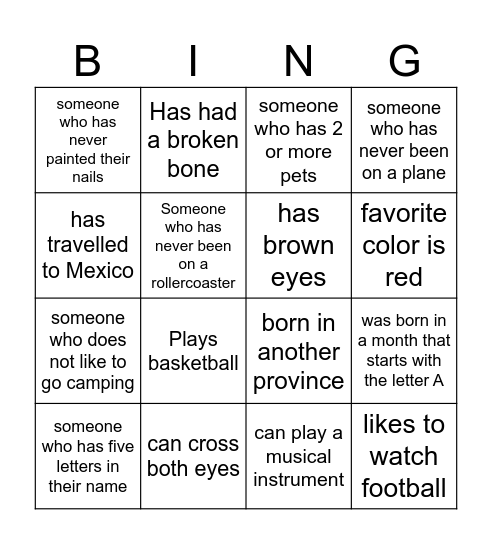 GET TO KNOW YOU Bingo Card