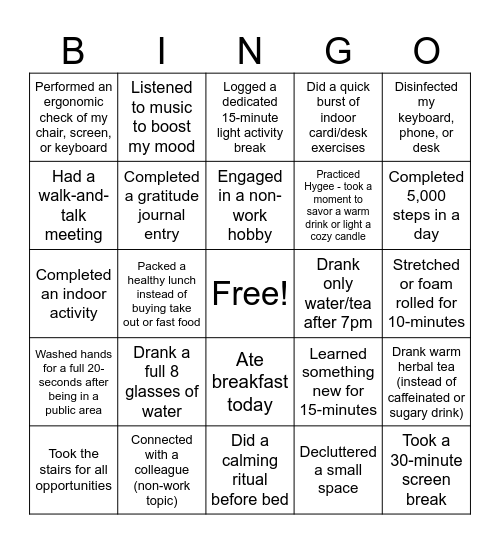 Winter Wellness Bingo Card