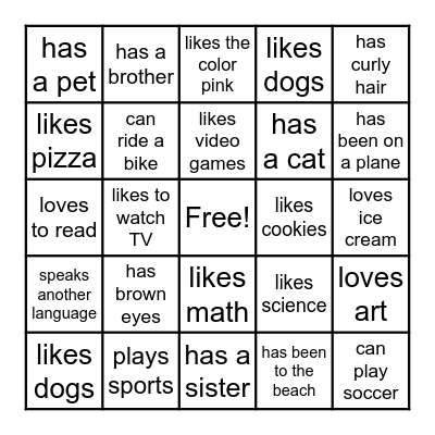 All About Me Bingo Card