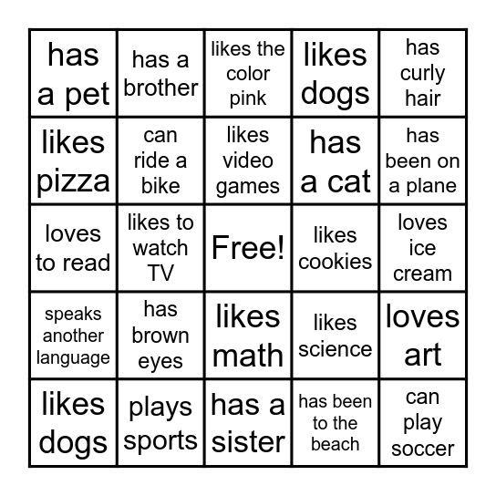 All About Me Bingo Card