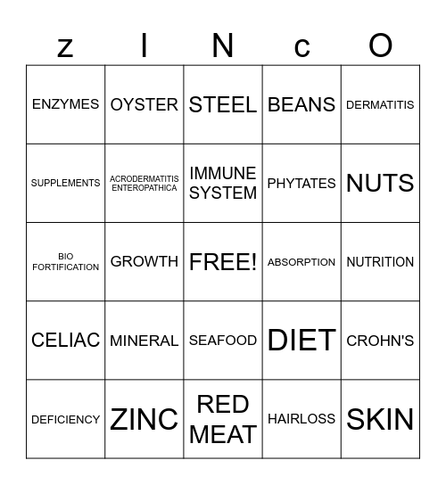 Zinco! Bingo Card
