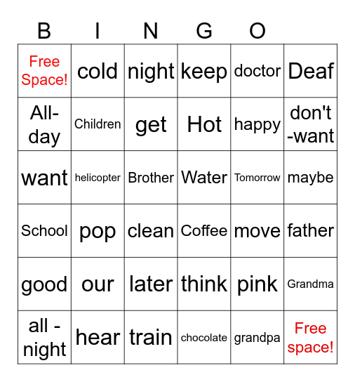 Sign Language Bingo Card