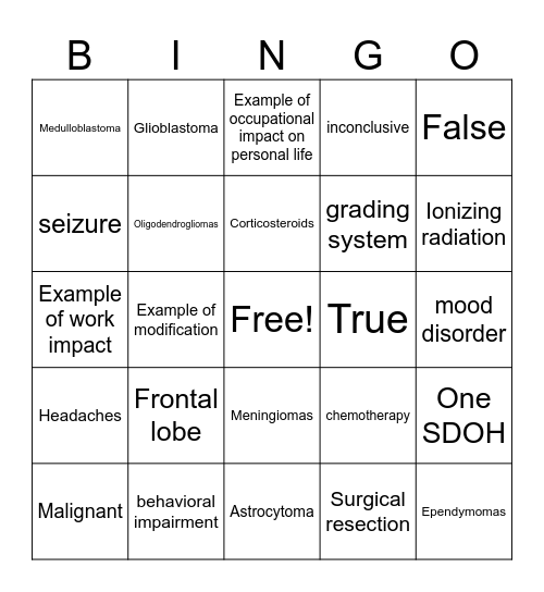 Brain Tumor Bingo Card