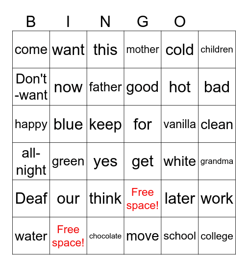 Sign Language Bingo Card