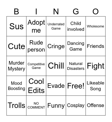 Roblox Tiktoks Bingo Card