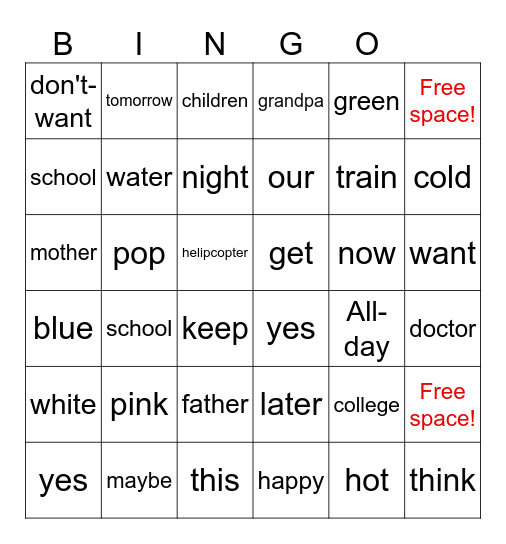 Sign Language Bingo Card
