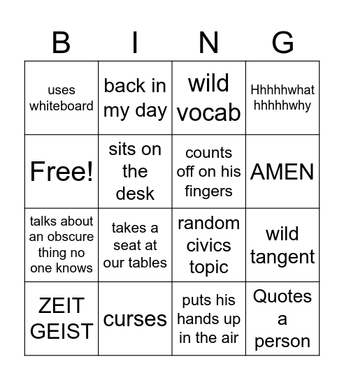 Mr Teagarden Bingo Card