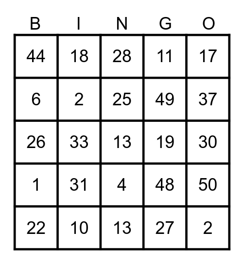 Números 1 a 50 Bingo Card