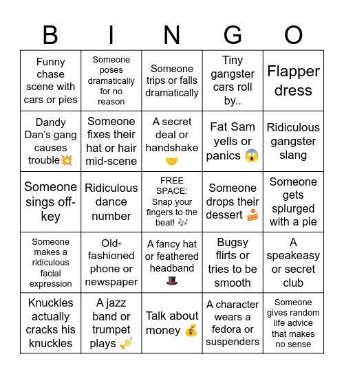 Bugsy Malone Bingo Card