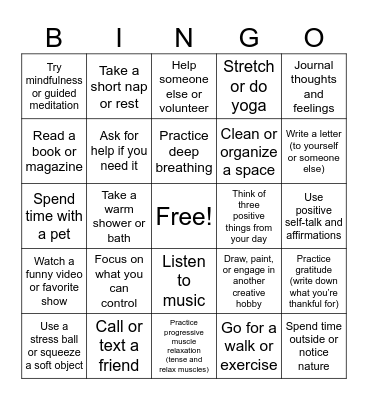Coping Skills Bingo Card