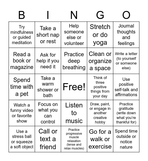 Coping Skills Bingo Card