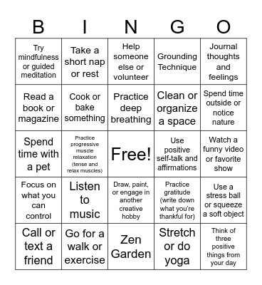 Coping Skills Bingo Card