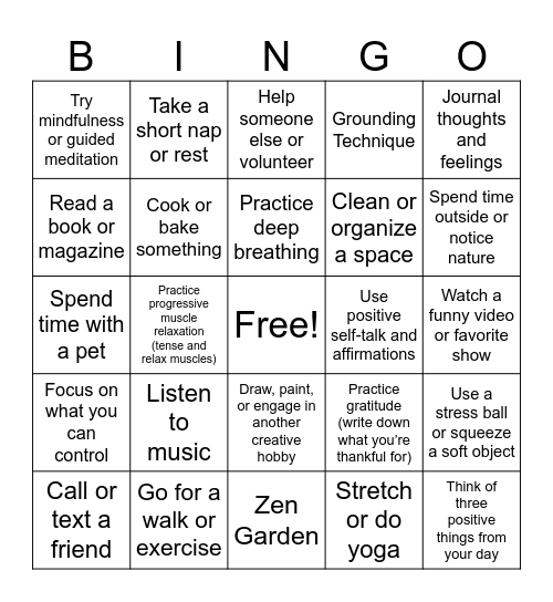 Coping Skills Bingo Card