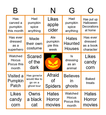 Virtual Halloween Bingo Card