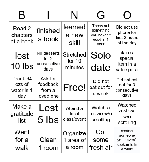 Self Care Bingo Card