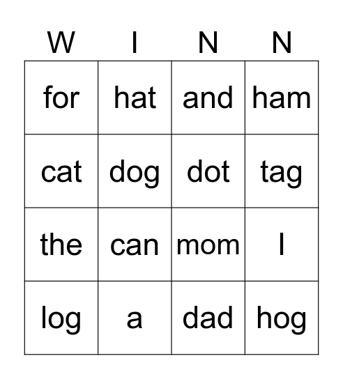 1st Grade Bingo Card