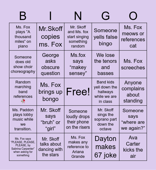 Singers bingo Card
