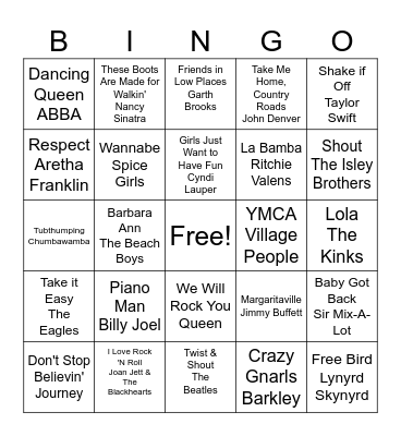 SING-ALONGS Bingo Card