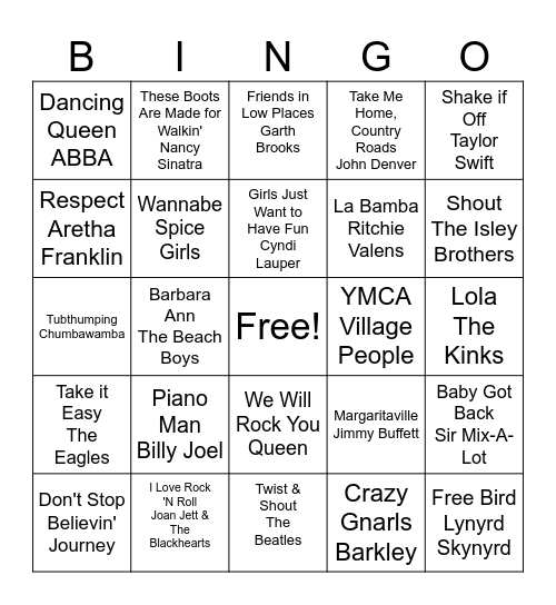 SING-ALONGS Bingo Card