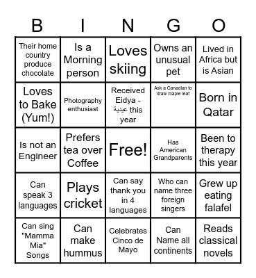 SLB International Culture Day Bingo Card