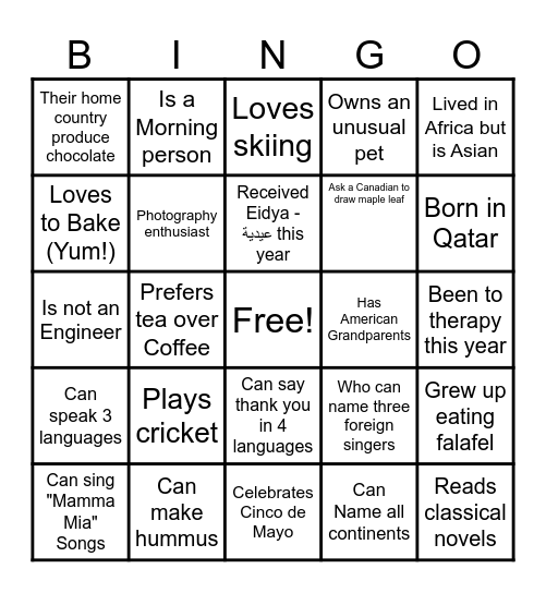 SLB International Culture Day Bingo Card