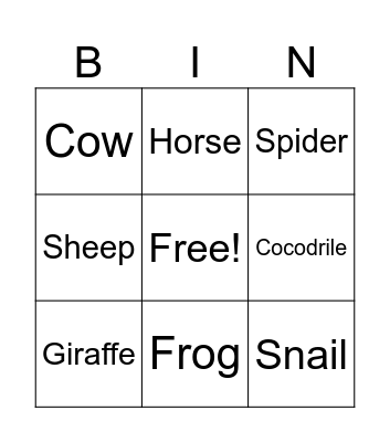 Animals Bingo Card