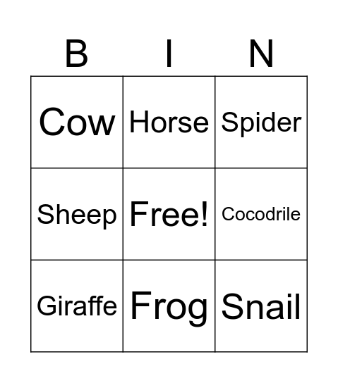 Animals Bingo Card