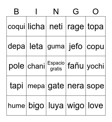 Spanish Nonsense Words Bingo Card