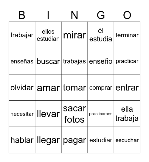 AR Verbs ~ Español II Bingo Card