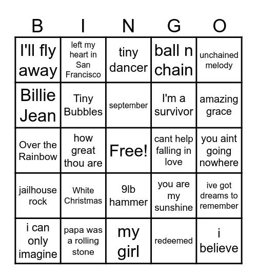 Musical Bingo Card