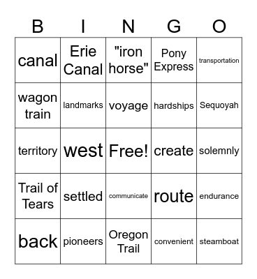 Westward Expansion Bingo Card