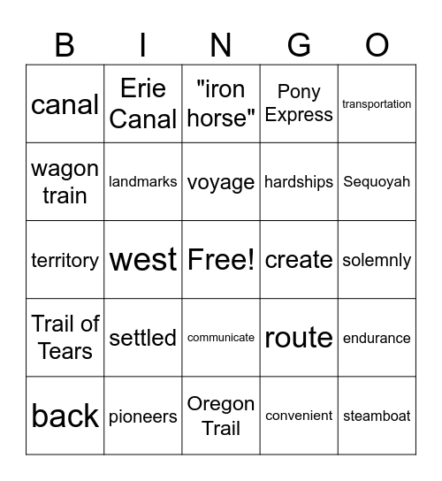 Westward Expansion Bingo Card