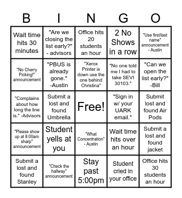 Walk-ins Bingo Card