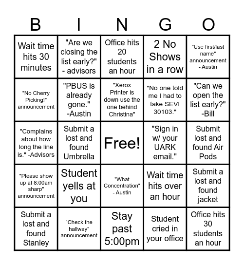 Walk-ins Bingo Card